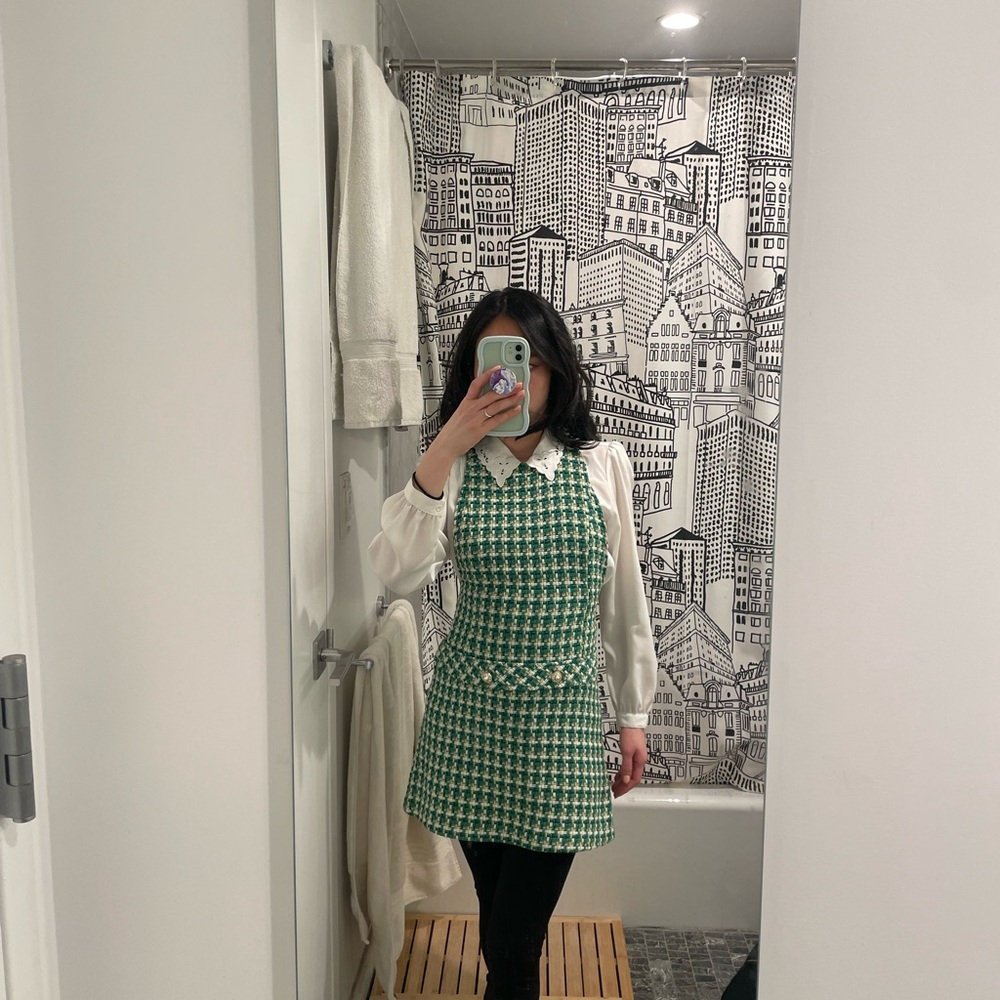 Zara Green Tweed textured pinafore mini dress XS